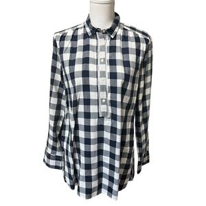 LOFT Gingham Plaid Popover Cotton‎ Tunic Top Navy & White  Women’s Size Small